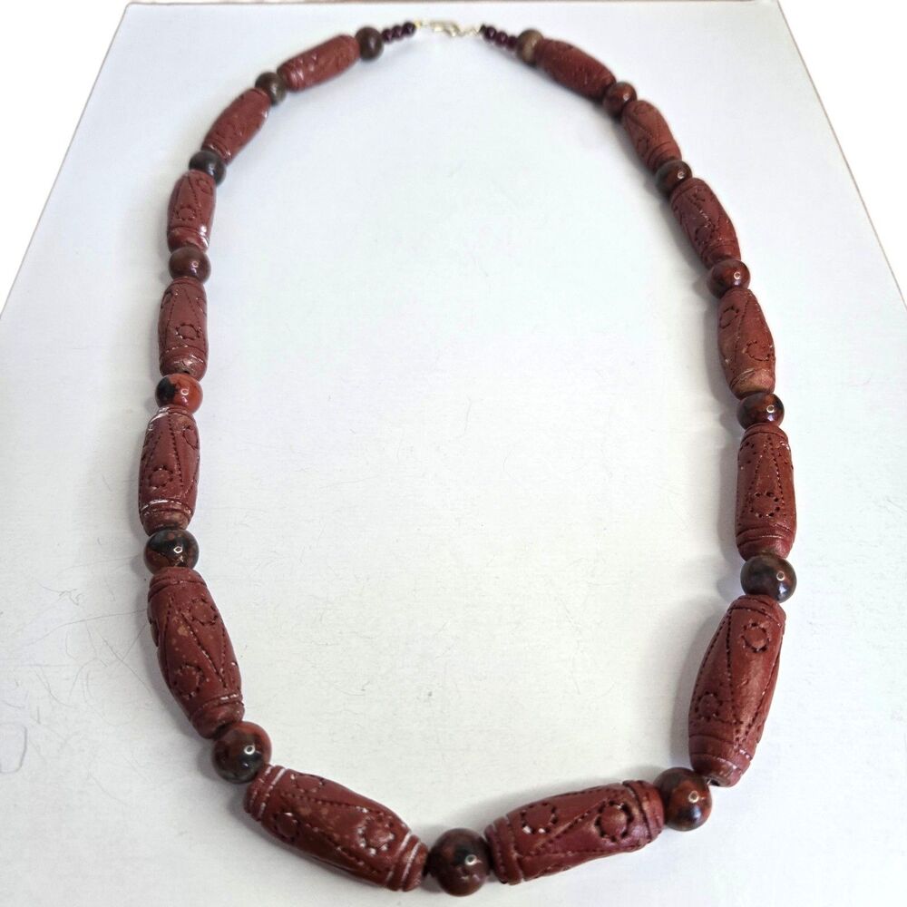 Vintage Boho Carved Faux Cinnabar Brecciated Jasper Beaded Chunky Necklace 22"